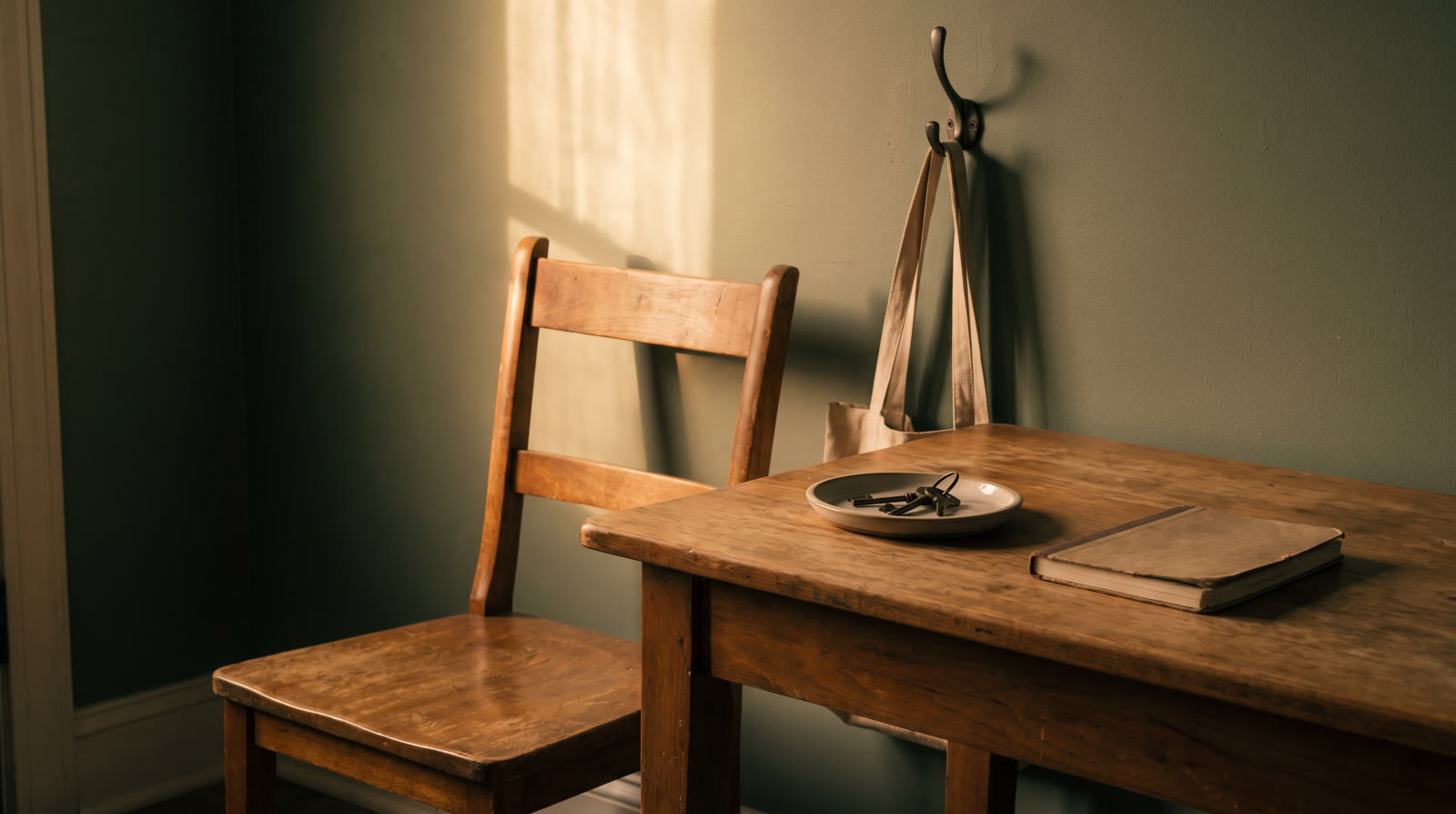 A simple wooden chair and entry table with keys, a closed notebook, and warm afternoon light.