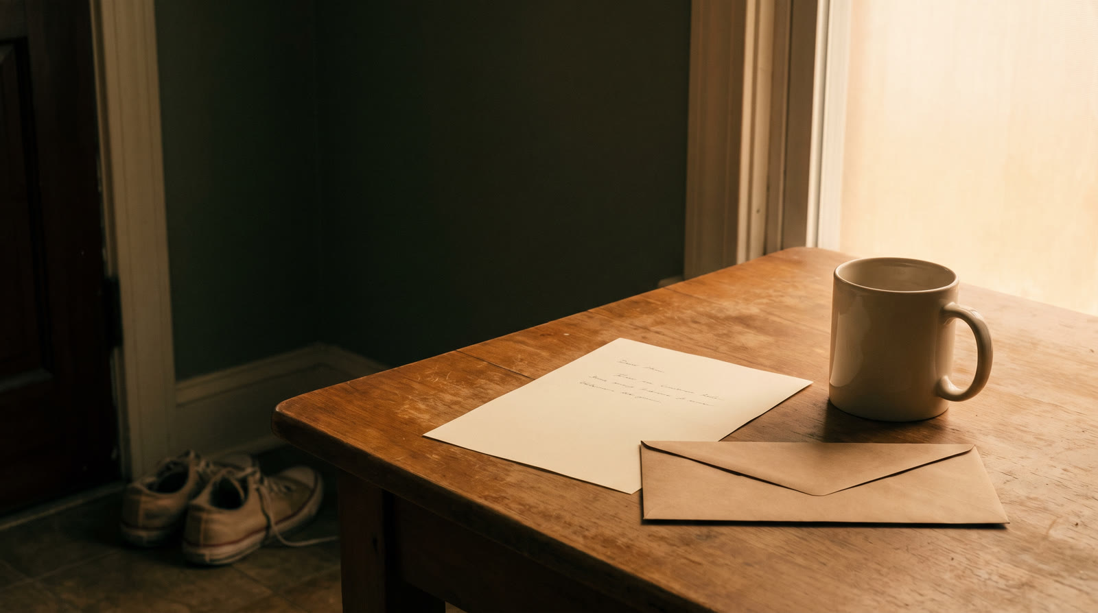 A quiet morning table with a letter, a ceramic mug, and walking shoes near the door.