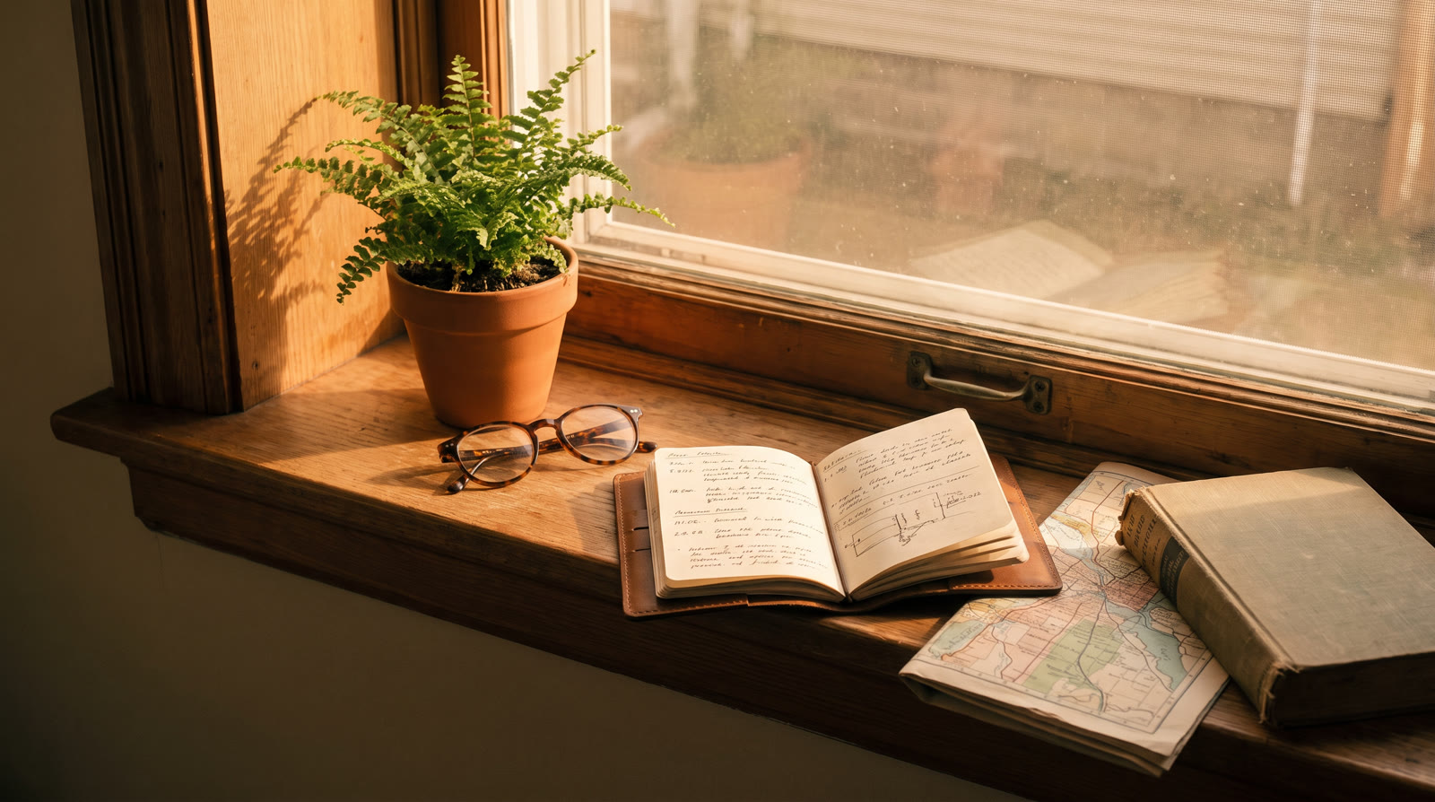 A sunlit windowsill with a small plant, reading glasses, and an open notebook.
